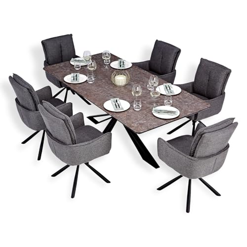Homestyle4u Esszimmerstühle 6er Set mit Tisch 200x100 Esstisch Esszimmergruppe 6 Personen Drehbar Polsterstühle Anthrazit von Homestyle4u