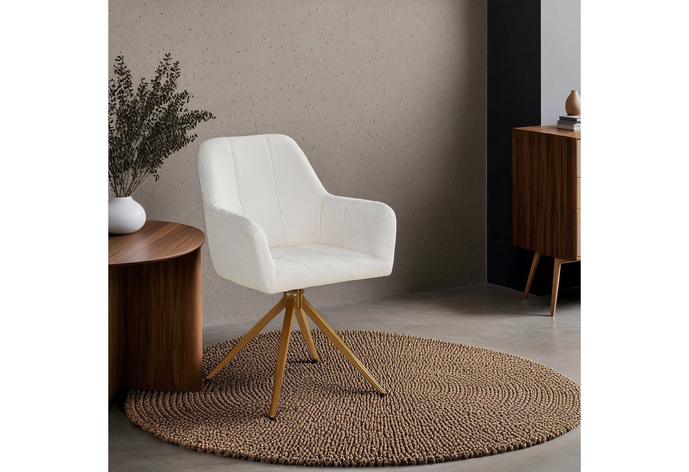 Homestyle4u Polsterstuhl Armlehne weich Bouclé Stoff Beige Esszimmer Wohnzimmerstuhl Gold (Set, 2 Stühle), drehbar, Teddystoff/Teddyplüsch, für Esstisch von Homestyle4u