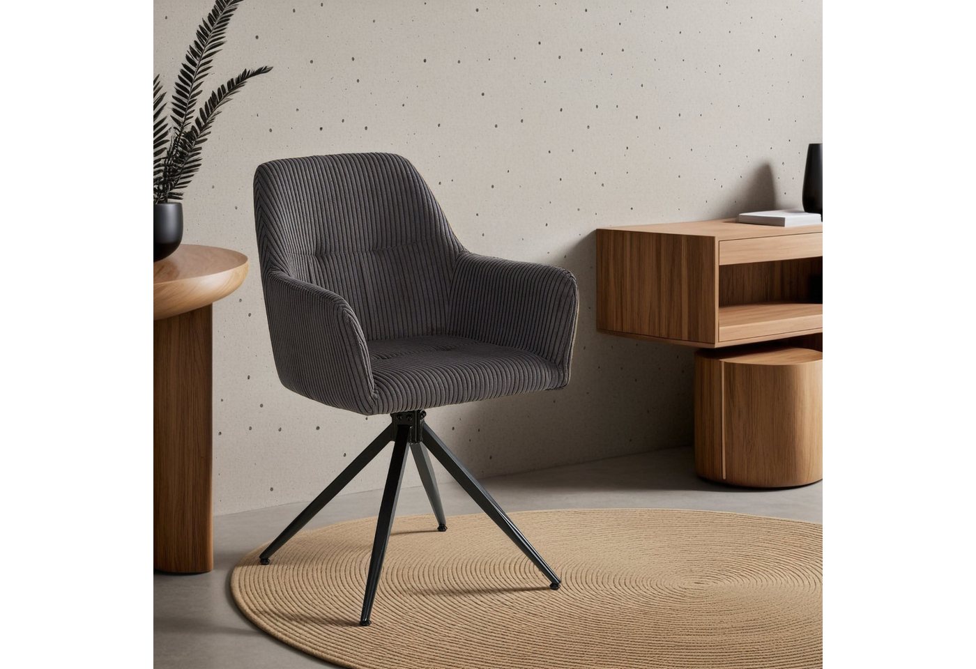 Homestyle4u Polsterstuhl mit Armlehne weicher Cord Grau Esszimmer Wohnzimmer modern Büro (Set), drehbar, für Esstisch von Homestyle4u