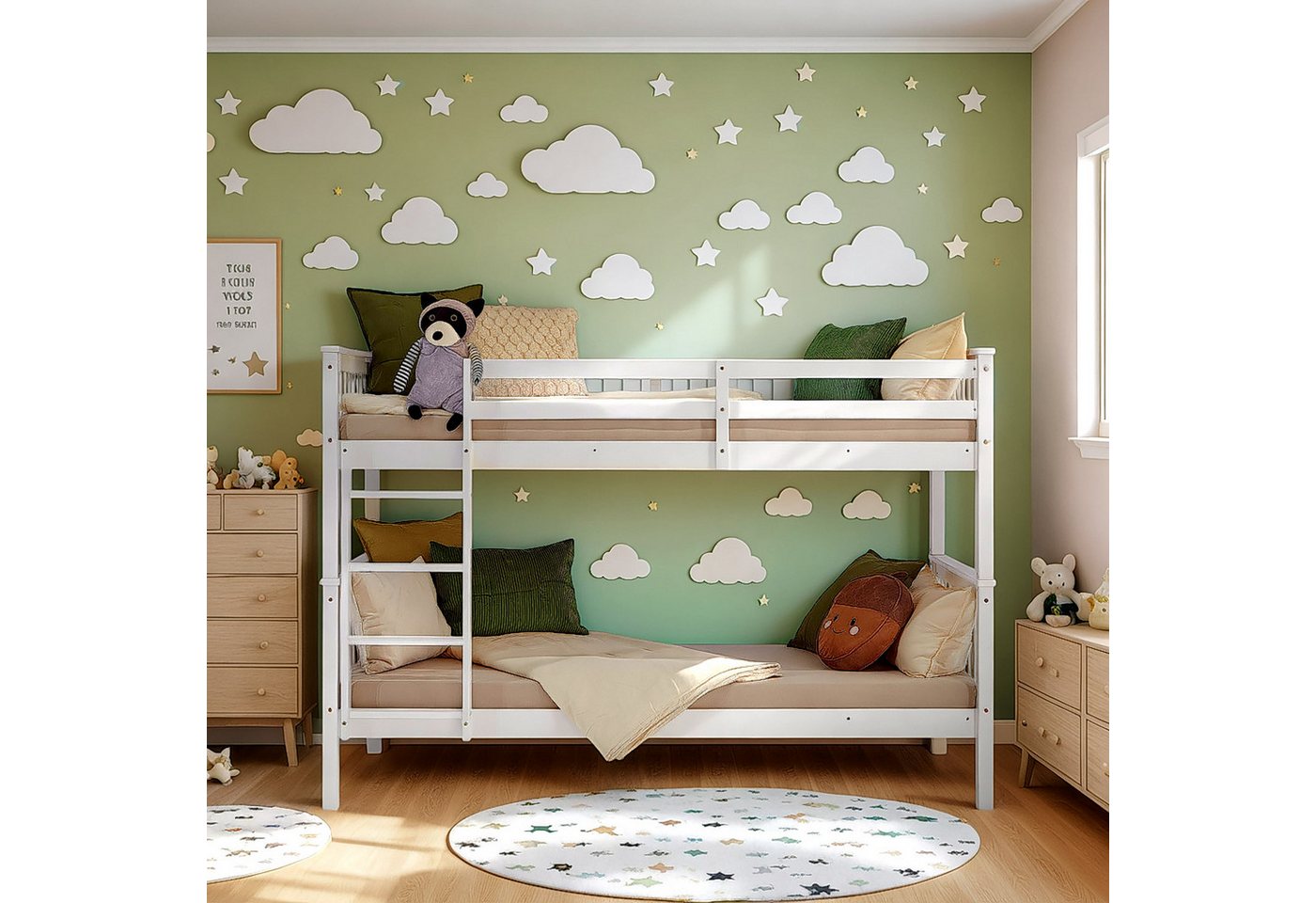 Homestyle4u Etagenbett 90x200 für 2 Kinder Weiß Doppelstockbett Leiter Hochbett Treppe Holz (Set, mit 2x Lattenrost, 2x Matratze mit OEKO-TEX® Standard 100), Kiefer, umbaubar zu 2 Betten, einzeln stellbar, geteilt von Homestyle4u