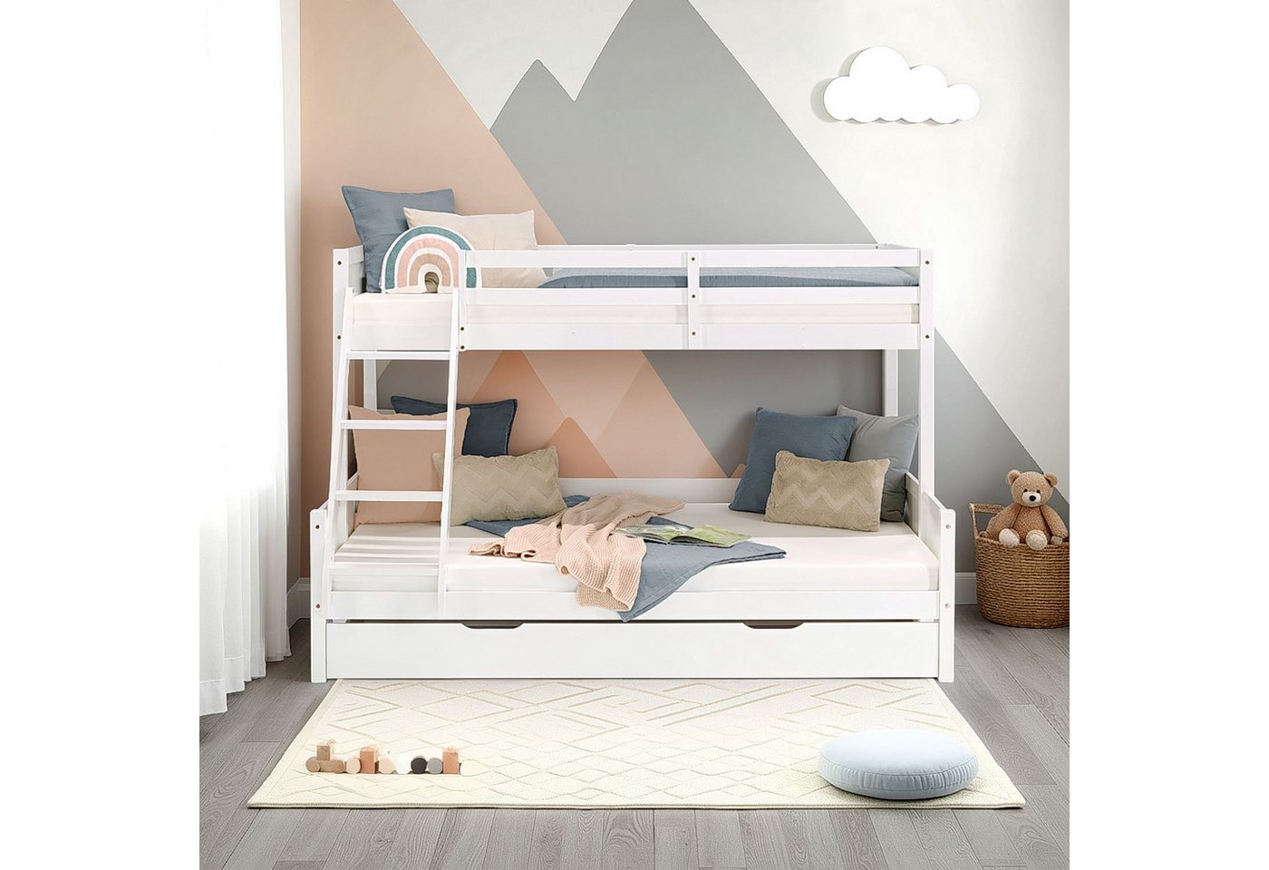 Homestyle4u Etagenbett 90x200 und 140x200 Kinderbett Holz 2 Kinder Massiv mit Rausfallschutz (Komplett-Set mit 2x Lattenrost, 2 Matratzen mit OEKO-TEX® Standard 100), Weiß mit Stauraum (1 Bettkasten/Schublade) von Homestyle4u