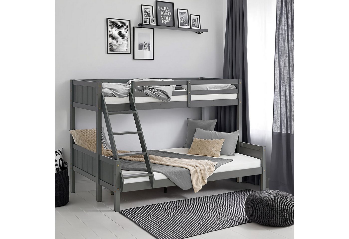 Homestyle4u Etagenbett 90x200 und 140x200 Kinderbett Holz 2 Kinder Massiv mit Rausfallschutz (Komplett-Set mit 2x Lattenrost, 2 Matratzen mit OEKO-TEX® Standard 100), Grau von Homestyle4u
