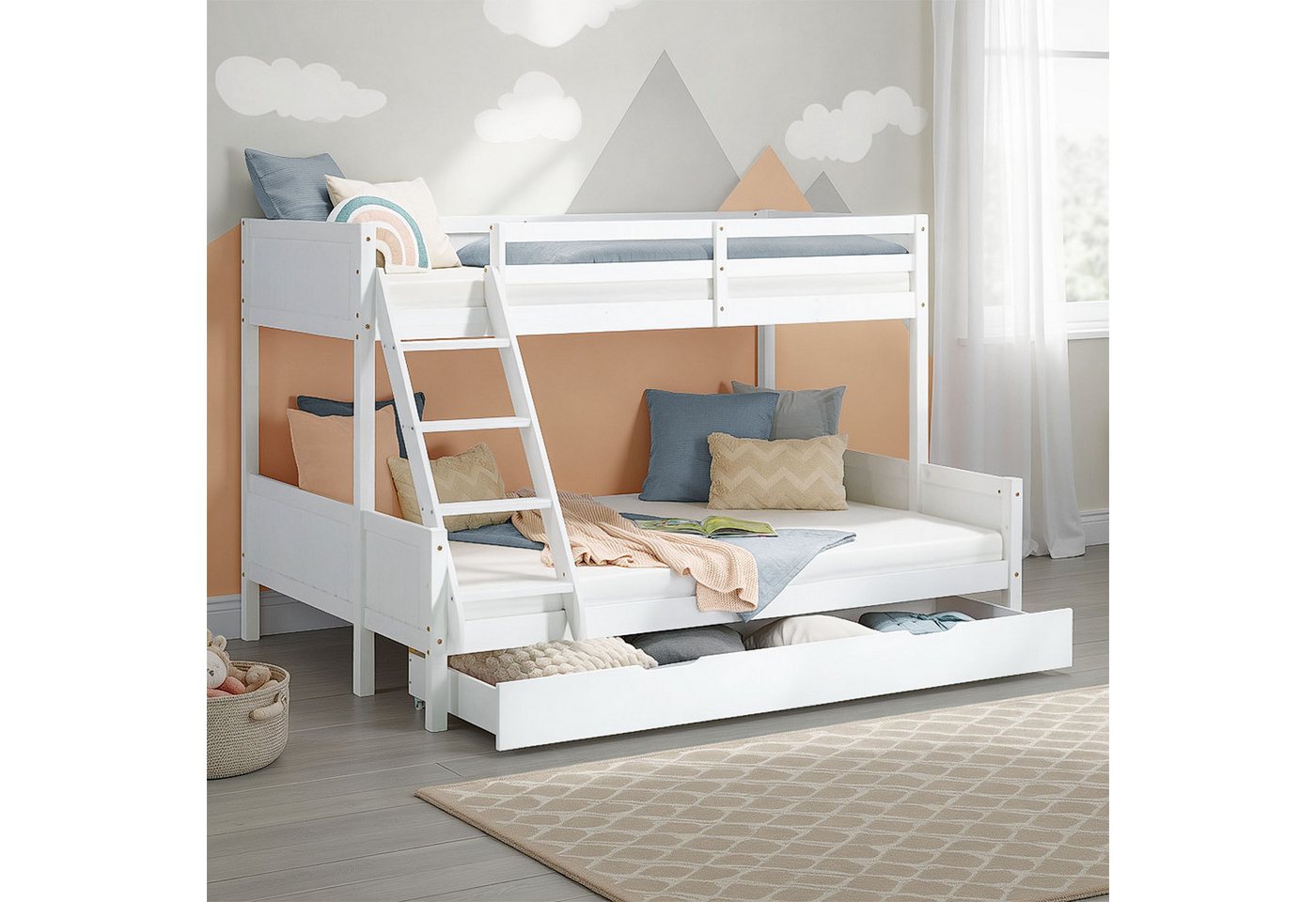 Homestyle4u Etagenbett 90x200 und 140x200 Kinderbett Holz 2 Kinder Massiv mit Rausfallschutz (Set, mit Lattenrost, Bettkasten/Schublade), Weiß, mit Leiter von Homestyle4u