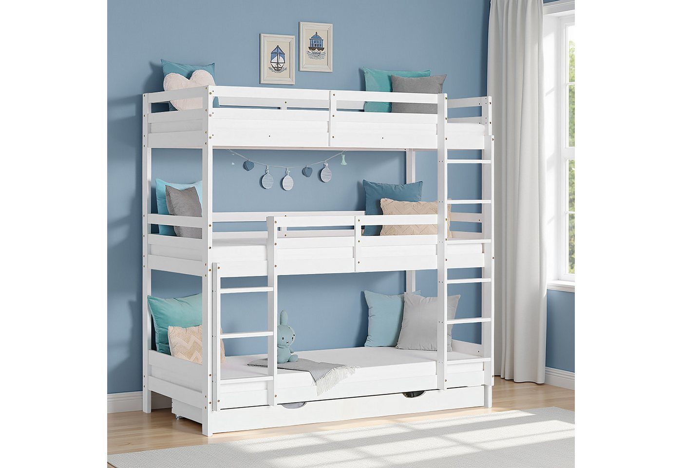 Homestyle4u Etagenbett 90x200 Hochbett für 3 Personen Dreifachbett Weiß Treppe 2 3 Kinder (Set, mit Lattenrost und 1x Bettkasten/Schublade), 2 Meter hoch, mit 2 Leitern, Stauraum, Rausfallschutz Homestyle4u Etagenbett 90x200 Hochbett für 3 Personen Dreifachbett Weiß Treppe 2 3 Kinder (Set, mit Lattenrost und 1x Bettkasten/Schublade), 2 Meter hoch, mit 2 Leitern, Stauraum, Rausfallschutz von Homestyle4u