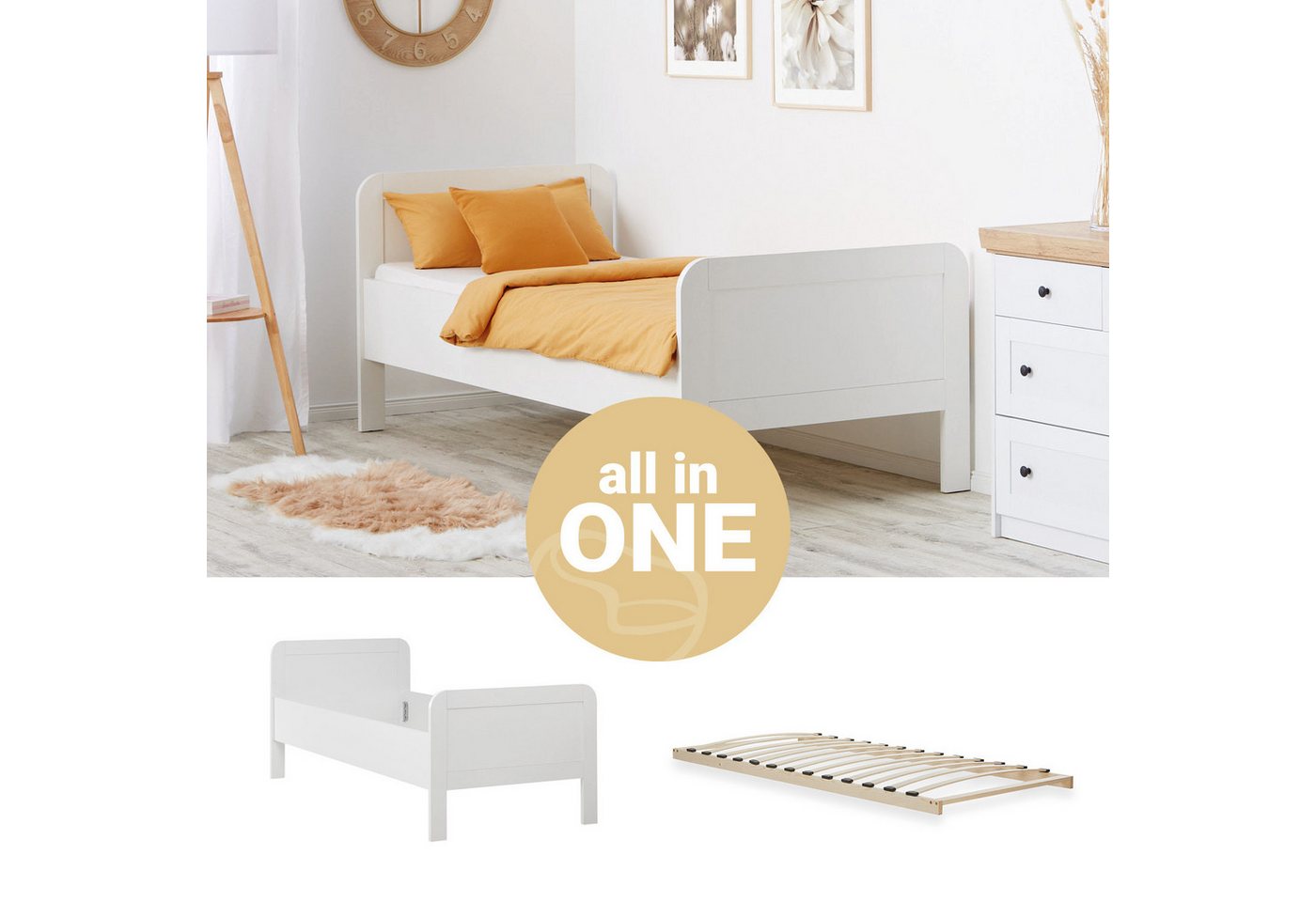 Homestyle4u Funktionsbett 90x200 Komfortbett Braun Natur / Weiß Kiefer Einzelbett Seniorenbett (Set), Aufbau per Stecksystem, höhenverstellbar, erhöhter Einstieg von Homestyle4u