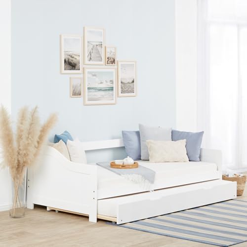 Homestyle4u Ausziehbett 90x200 mit Schublade 2 Matratzen Lattenrost Kinderbett Tagesbett ausziehbar Kojenbett Gästebett Weiß Kiefer massiv Holz von Homestyle4u