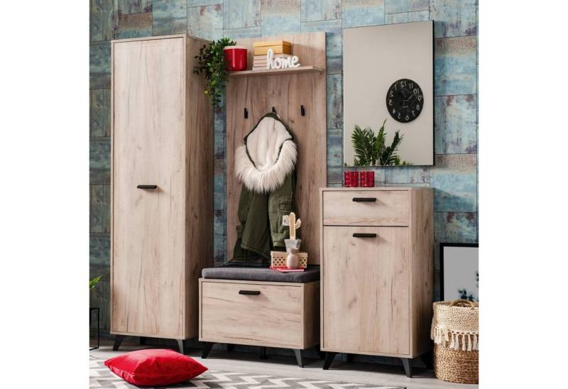 Homestyle4u Garderoben-Set Flur Modern Komplettset Holz Eiche Grau modern mit Spiegel, (Set, 5 teilig, 5-St., 5 teilig), Set, 5-teilig von Homestyle4u