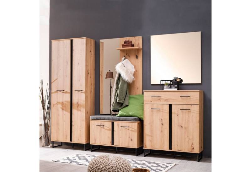 Homestyle4u Garderoben-Set Flur Industrial Holz Eiche Sitzbank Kleiderstange 3 Haken mit Spiegel, (Set, 5-teilig, 5-St) von Homestyle4u