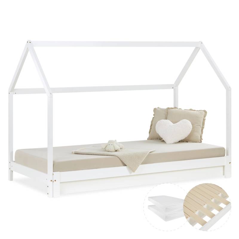 Homestyle4u Hausbett 90x200 mit 2 Matratzen Ausziehbar in Weiß 2719 von Homestyle4u