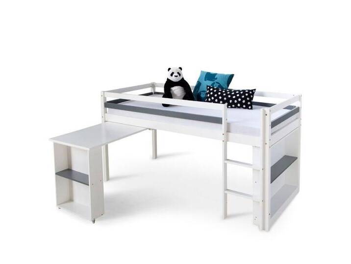 Homestyle4u Hochbett 90x200 Kinderbett Hochbett Weiß Massiv Kiefer Fächer Stauraum Treppe (Schreibtisch auf Rollen) mit Rausfallschutz, Schreibtisch auf Rollen von Homestyle4u