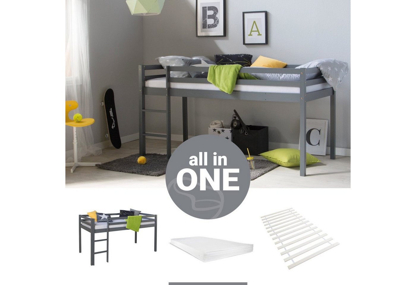 Homestyle4u Hochbett 90x200 Kinderbett Rausfallschutz Grau/Weiß Kinder Leiter Treppe (Set, mit Lattenrost, mit Matratze, ohne Vorhang) Kiefer, Jungen Mädchen von Homestyle4u