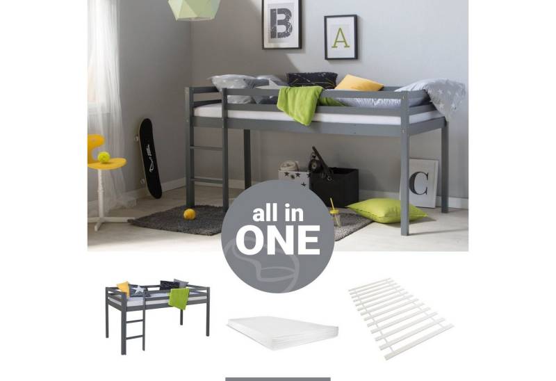 Homestyle4u Hochbett 90x200 Kinderbett Rausfallschutz Grau/Weiß Kinder Leiter Treppe (Komplett-Set mit Lattenrost, ohne Vorhang, mit Matratze mit OEKO-TEX® Standard 100) Kiefer, Jungen Mädchen von Homestyle4u