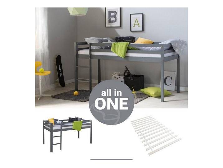 Homestyle4u Hochbett 90x200 Kinderbett Rausfallschutz Grau/Weiß Kinder Leiter Treppe (Set, mit Lattenrost, ohne Vorhang) Kiefer, Jungen Mädchen, grau, mit Lattenrost von Homestyle4u