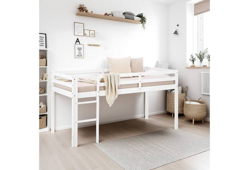 Homestyle4u Hochbett 90x200 Kinderbett Rausfallschutz Grau/Weiß Kinder Leiter Treppe (Komplett-Set mit Lattenrost, Matratze mit OEKO-TEX® Standard 100) Kiefer, Jungen Mädchen, ohne Vorhang von Homestyle4u