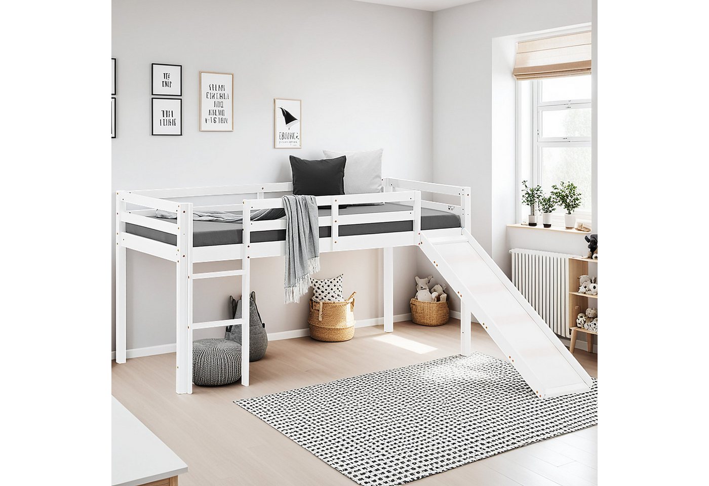 Homestyle4u Hochbett 90x200 Kinderbett Rausfallschutz Grau/Weiß Kinder Leiter Treppe (Set, mit Lattenrost und Rutsche, ohne Vorhang) Kiefer, Jungen Mädchen Spielbett von Homestyle4u