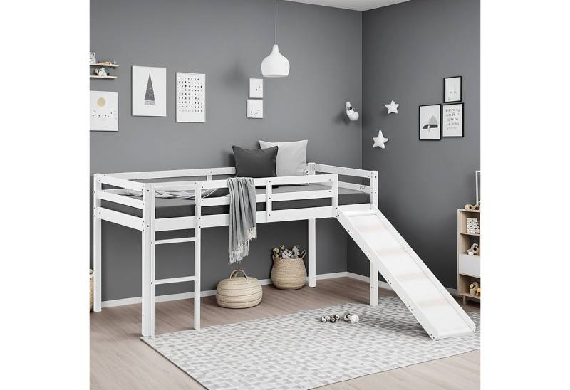 Homestyle4u Hochbett 90x200 Kinderbett Rausfallschutz Grau/Weiß Kinder Leiter Treppe (Komplett-Set mit Lattenrost, mit Rutsche, Matratze mit OEKO-TEX® Standard 100) Kiefer, Jungen Mädchen, Spielbett von Homestyle4u