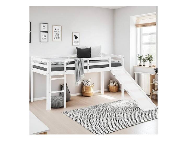 Homestyle4u Hochbett 90x200 Kinderbett Rausfallschutz Grau/Weiß Kinder Leiter Treppe (Set, mit Rutsche, ohne Vorhang) Kiefer, Jungen Mädchen, weiß, ohne Lattenrost von Homestyle4u