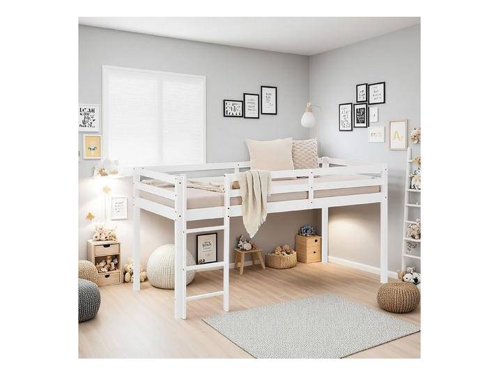 Homestyle4u Hochbett 90x200 Kinderbett Rausfallschutz Grau/Weiß Kinder Leiter Treppe Kiefer, Jungen Mädchen, weiß, ohne Lattenrost, ohne Matratze von Homestyle4u