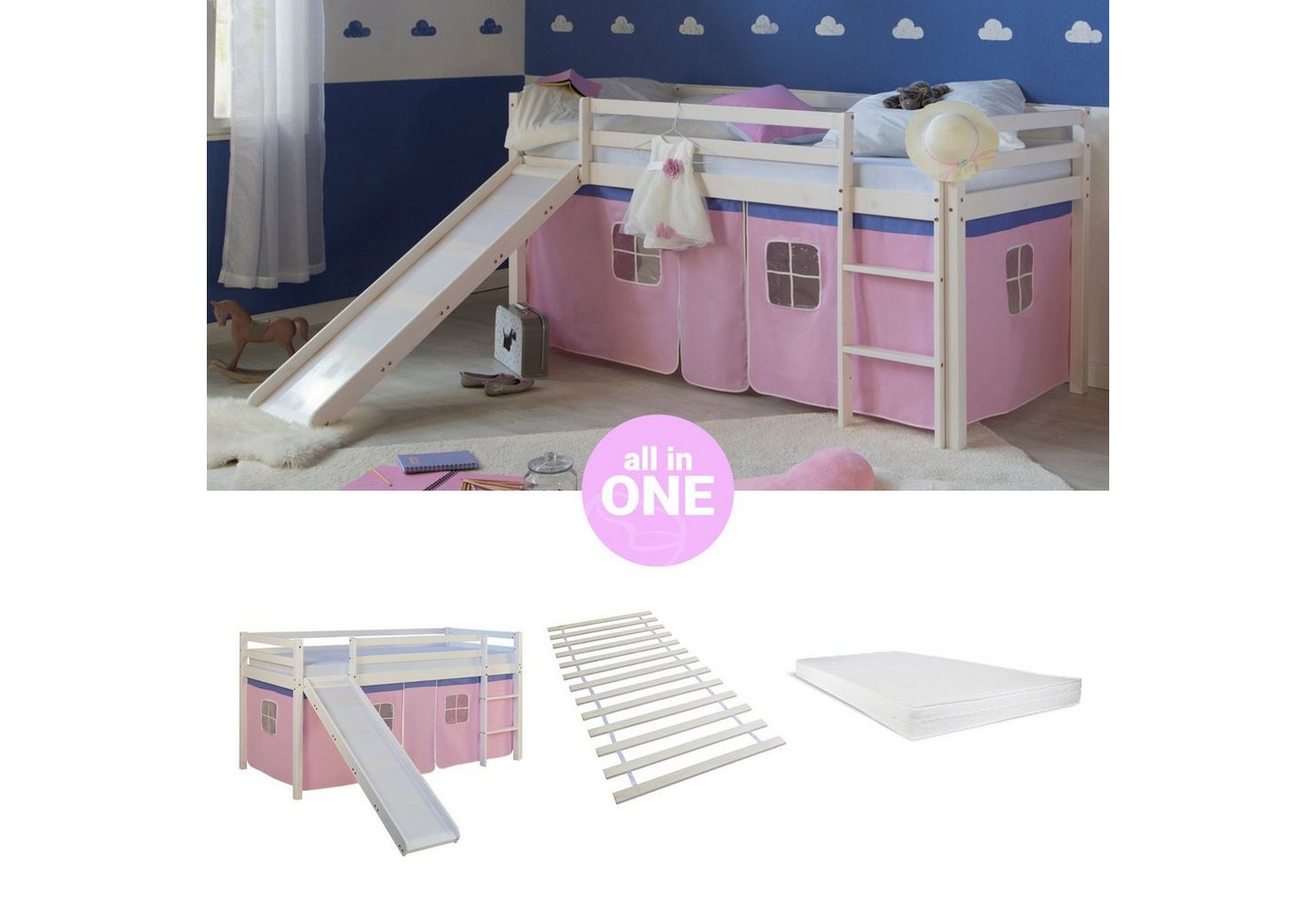 Homestyle4u Hochbett 90x200 Kinderbett mit Leiter und Vorhang Weiß Rosa Holz Treppe Kinder (Komplett-Set mit Lattenrost, mit Rutsche, Matratze mit OEKO-TEX® Standard 100) Kiefer, Jungen Mädchen, Spielbett von Homestyle4u