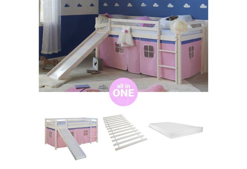Homestyle4u Hochbett 90x200 Kinderbett mit Leiter und Vorhang Weiß Rosa Holz Treppe Kinder (Komplett-Set mit Lattenrost, mit Rutsche, Matratze mit OEKO-TEX® Standard 100) Kiefer, Jungen Mädchen, Spielbett von Homestyle4u