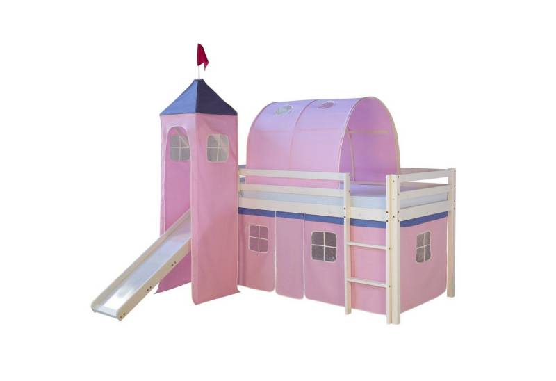 Homestyle4u Hochbett 90x200 Kinderbett mit Leiter und Vorhang Weiß Rosa Holz Treppe Kinder (Komplett-Set mit Lattenrost, mit Rutsche, Tunnel und Turm, Matratze mit OEKO-TEX® Standard 100) Kiefer, Jungen Mädchen, Spielbett von Homestyle4u