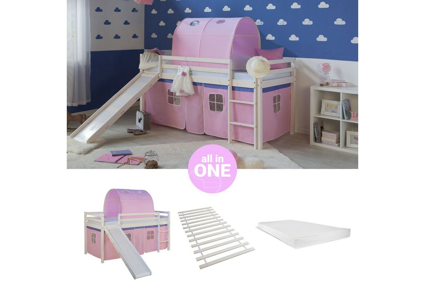 Homestyle4u Hochbett 90x200 Kinderbett mit Leiter und Vorhang Weiß Rosa Holz Treppe Kinder (Komplett-Set mit Lattenrost, mit Rutsche, mit Tunnel, Matratze mit OEKO-TEX® Standard 100) Kiefer, Jungen Mädchen, Spielbett von Homestyle4u