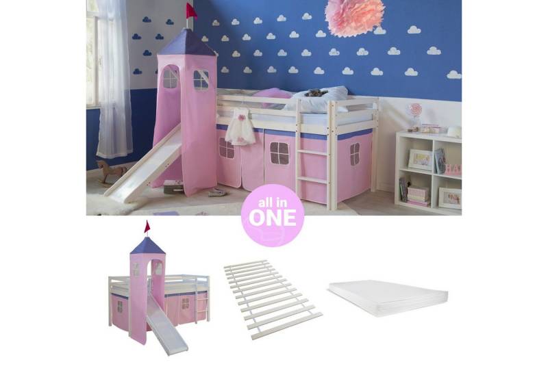 Homestyle4u Hochbett 90x200 Kinderbett mit Leiter und Vorhang Weiß Rosa Holz Treppe Kinder (Komplett-Set mit Lattenrost, mit Rutsche, mit Turm, Matratze mit OEKO-TEX® Standard 100) Kiefer, Jungen Mädchen, Spielbett von Homestyle4u