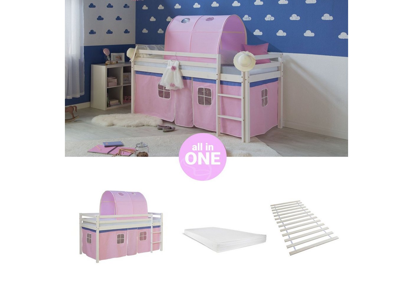 Homestyle4u Hochbett 90x200 Kinderbett mit Leiter und Vorhang Weiß Rosa Holz Treppe Kinder (Komplett-Set mit Lattenrost, mit Tunnel, Matratze mit OEKO-TEX® Standard 100) Kiefer, Jungen Mädchen von Homestyle4u