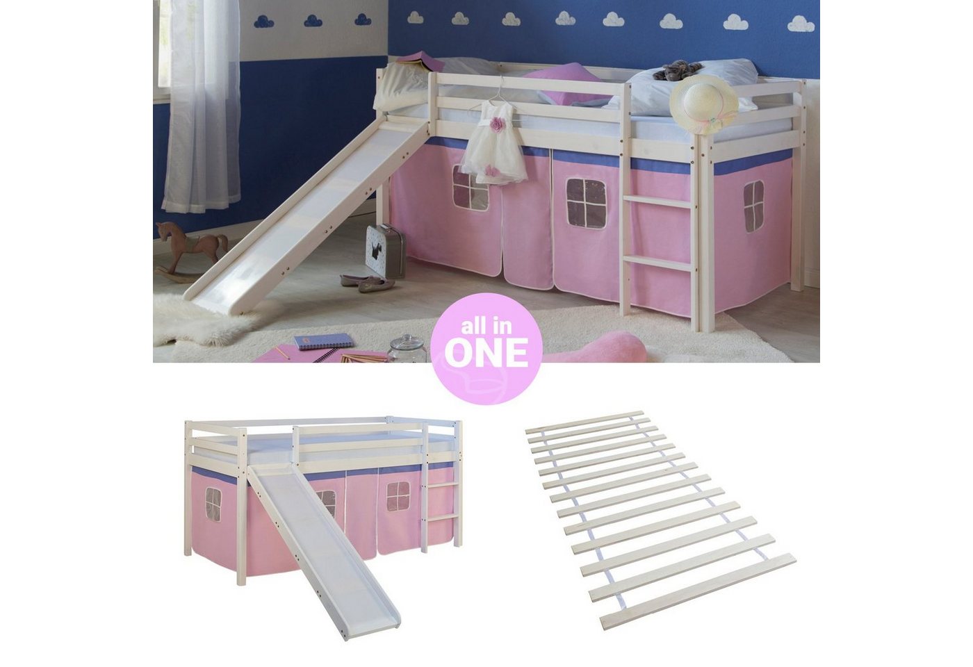 Homestyle4u Hochbett 90x200 Kinderbett mit Leiter und Vorhang Weiß Rosa Holz Treppe Kinder (Set, mit Lattenrost, Rutsche, Spielbett) Kiefer, Jungen Mädchen von Homestyle4u
