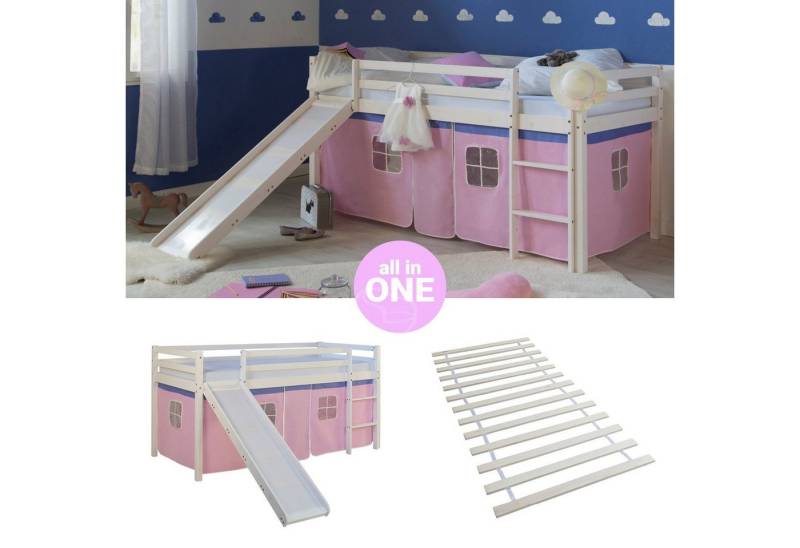 Homestyle4u Hochbett 90x200 Kinderbett mit Leiter und Vorhang Weiß Rosa Holz Treppe Kinder (Set, mit Lattenrost, Rutsche, Spielbett) Kiefer, Jungen Mädchen von Homestyle4u
