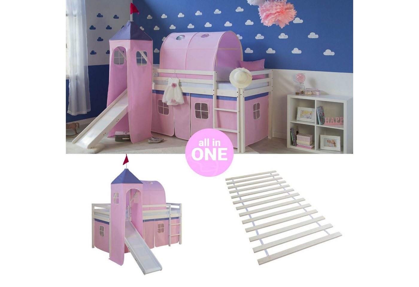 Homestyle4u Hochbett 90x200 Kinderbett mit Leiter und Vorhang Weiß Rosa Holz Treppe Kinder (Set, mit Lattenrost, Rutsche, Tunnel und Turm) Kiefer, Jungen Mädchen Spielbett von Homestyle4u