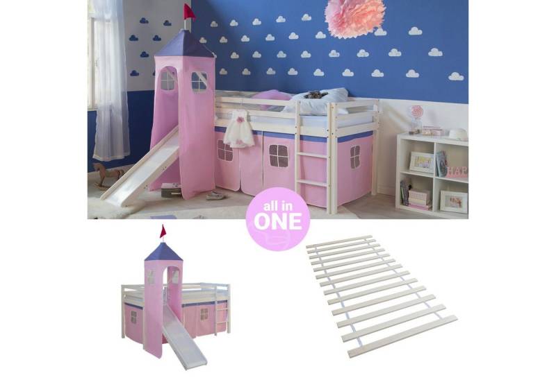 Homestyle4u Hochbett 90x200 Kinderbett mit Leiter und Vorhang Weiß Rosa Holz Treppe Kinder (Set, mit Lattenrost, Rutsche und Turm, Spielbett) Kiefer, Jungen Mädchen von Homestyle4u