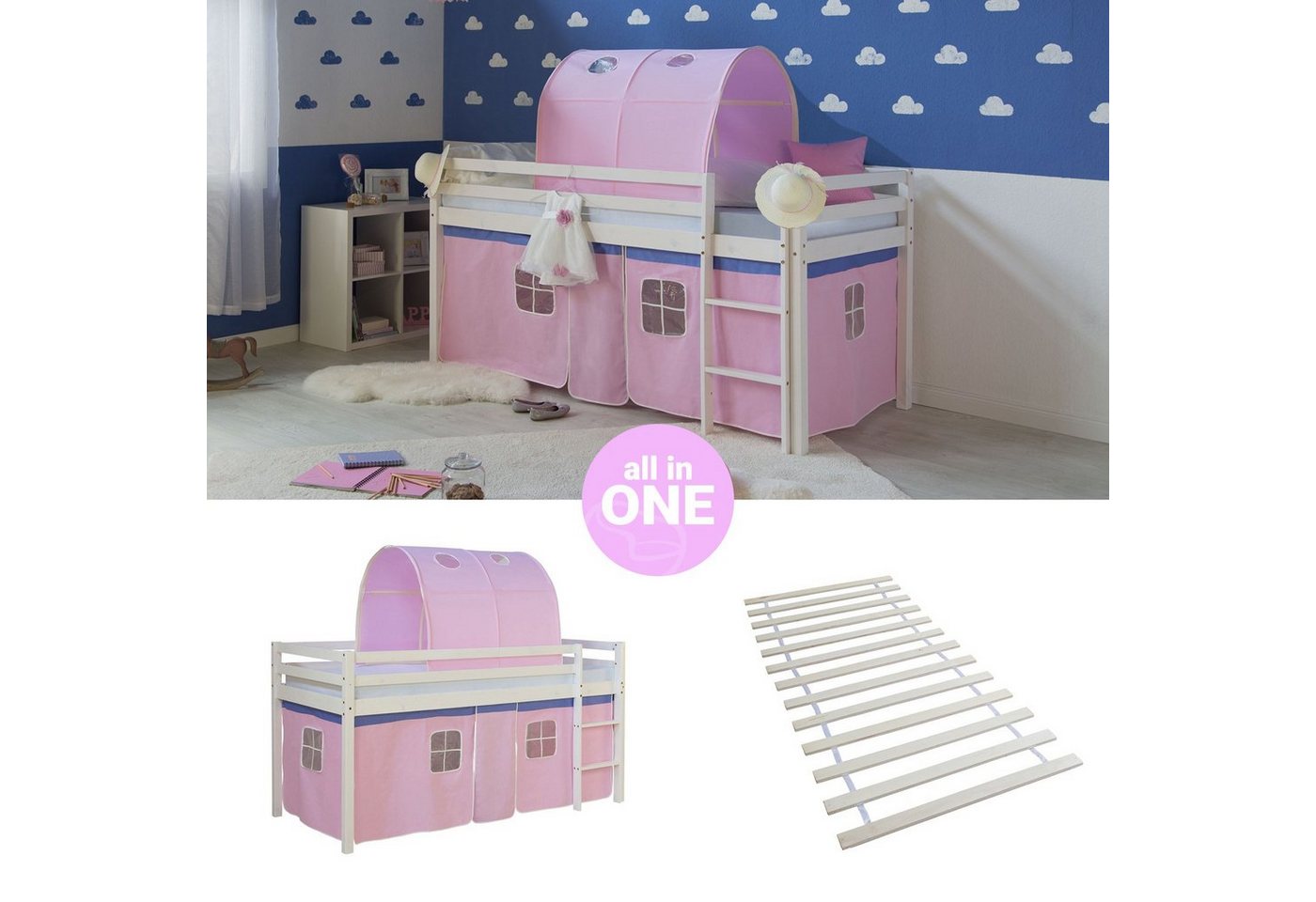 Homestyle4u Hochbett 90x200 Kinderbett mit Leiter und Vorhang Weiß Rosa Holz Treppe Kinder (Set, mit Lattenrost, Tunnel) Kiefer, Jungen Mädchen von Homestyle4u