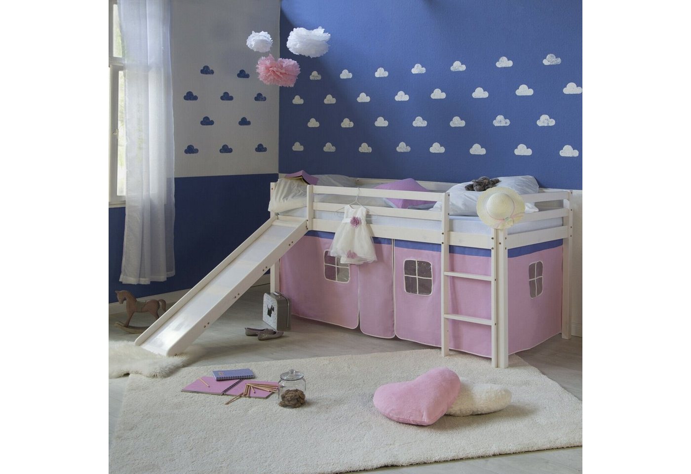Homestyle4u Hochbett 90x200 Kinderbett mit Leiter und Vorhang Weiß Rosa Holz Treppe Kinder (Set, mit Rutsche, Mädchen, Spielbett) Kiefer von Homestyle4u