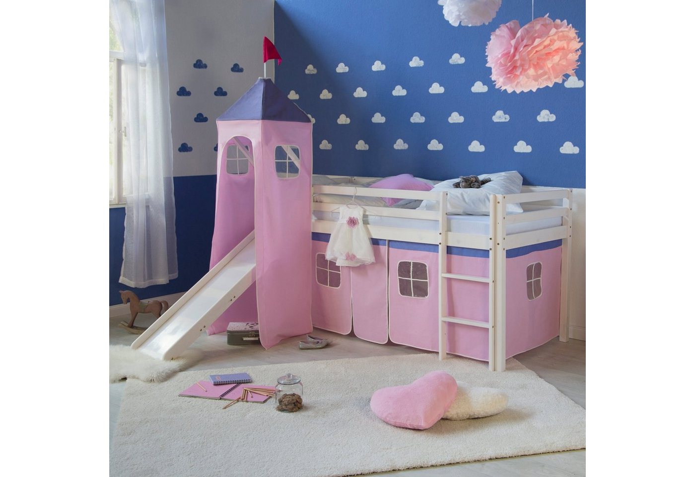 Homestyle4u Hochbett 90x200 Kinderbett mit Leiter und Vorhang Weiß Rosa Holz Treppe Kinder (Set, mit Rutsche und Turm, Spielbett) Kiefer, Jungen Mädchen von Homestyle4u