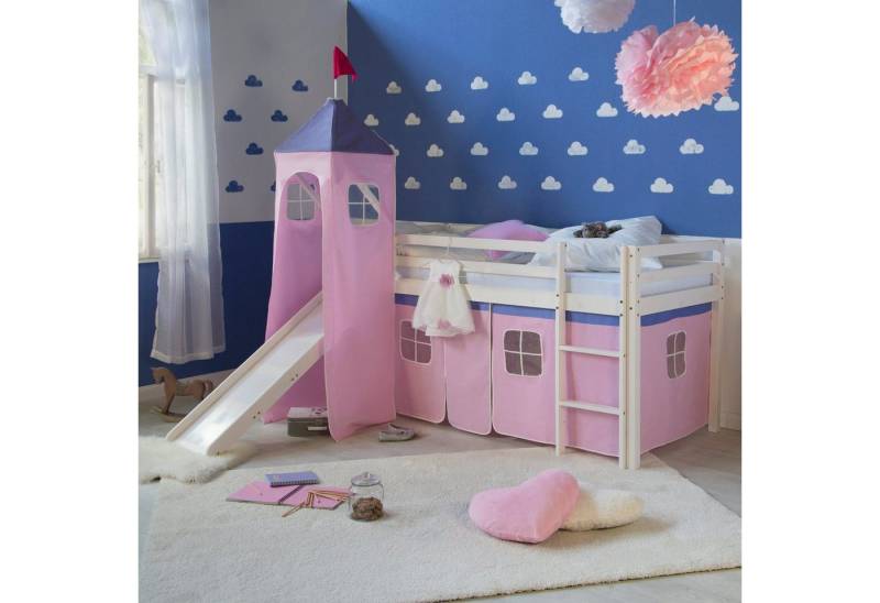 Homestyle4u Hochbett 90x200 Kinderbett mit Leiter und Vorhang Weiß Rosa Holz Treppe Kinder (Set, mit Rutsche und Turm, Spielbett) Kiefer, Jungen Mädchen von Homestyle4u