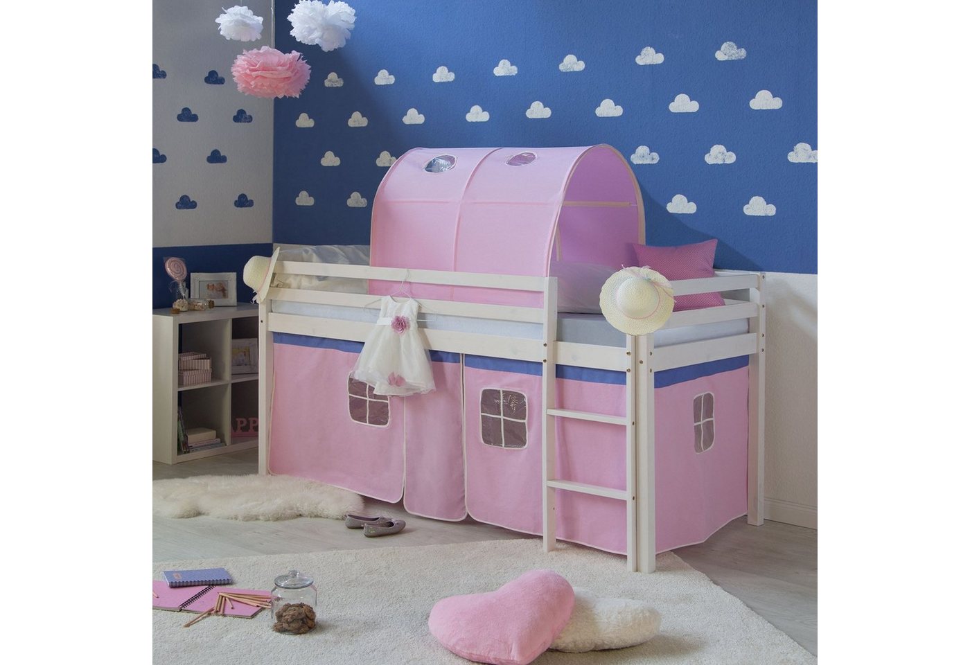 Homestyle4u Hochbett 90x200 Kinderbett mit Leiter und Vorhang Weiß Rosa Holz Treppe Kinder (Set, mit Tunnel) Kiefer, Jungen Mädchen von Homestyle4u