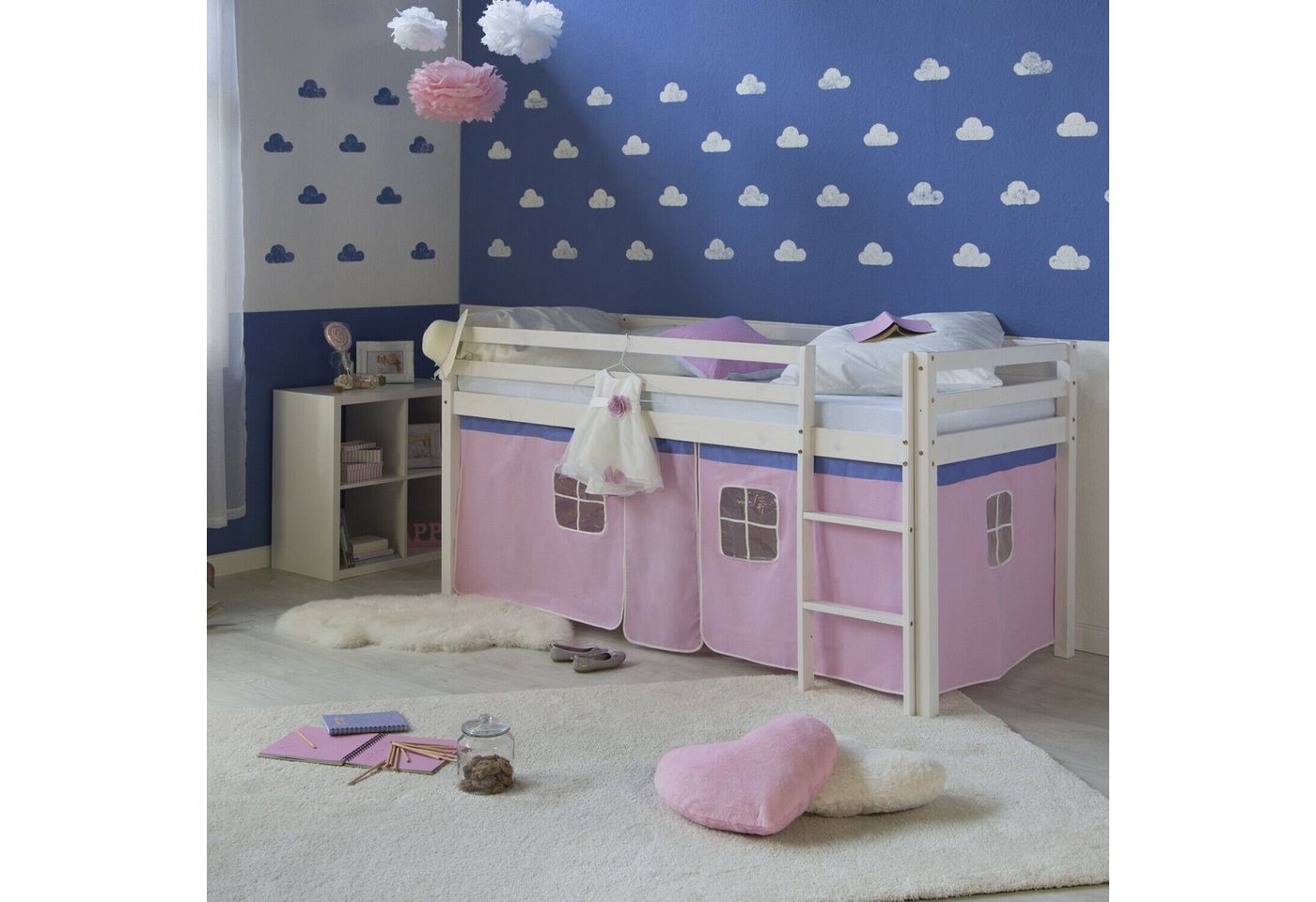 Homestyle4u Hochbett 90x200 Kinderbett mit Leiter und Vorhang Weiß Rosa Holz Treppe Kinder von Homestyle4u