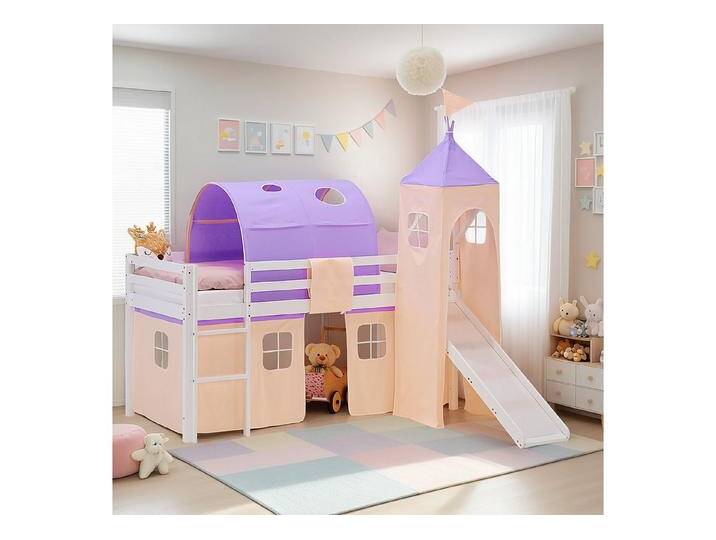 Homestyle4u Hochbett 90x200 Stockbett Kinderbett Holz Kiefer Weiß Lila Beige Kinder Vorhang (Komplettset mit Lattenrost, Rutsche, Tunnel und Turm, mit Matratze OEKO-TEX® Standard 100) mit Rausfallschutz, Mädchen Spielbett, weiß, mit Rutsche, mit Lattenrost von Homestyle4u