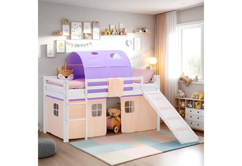 Homestyle4u Hochbett 90x200 Stockbett Kinderbett Holz Kiefer Weiß Lila Beige Kinder Vorhang (Komplett-Set mit Lattenrost, mit Rutsche, mit Tunnel, Matratze mit OEKO-TEX® Standard 100) mit Rausfallschutz, Mädchen Spielbett von Homestyle4u
