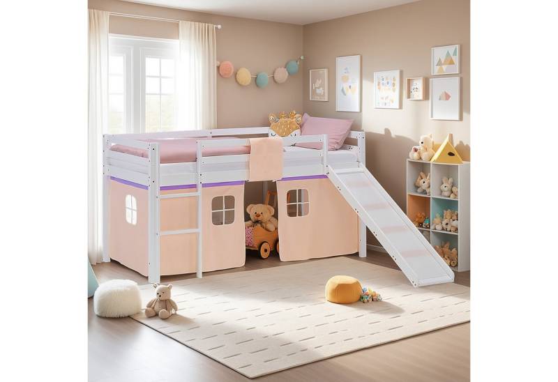 Homestyle4u Hochbett 90x200 Stockbett Kinderbett Holz Kiefer Weiß Lila Beige Kinder Vorhang (Komplett-Set mit Lattenrost, mit Rutsche, mit Matratze mit OEKO-TEX® Standard 100) mit Rausfallschutz, Mädchen Spielbett von Homestyle4u