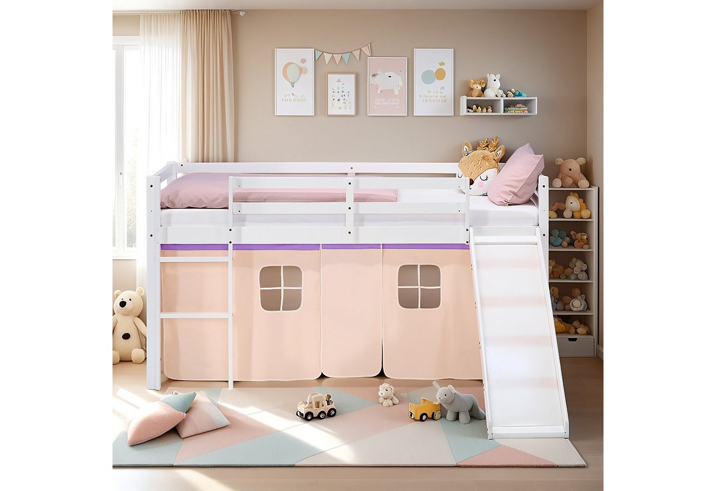 Homestyle4u Hochbett 90x200 Stockbett Kinderbett Holz Kiefer Weiß Lila Beige Kinder Vorhang (Set, mit Lattenrost und Rutsche, Spielbett) mit Rausfallschutz, Mädchen von Homestyle4u