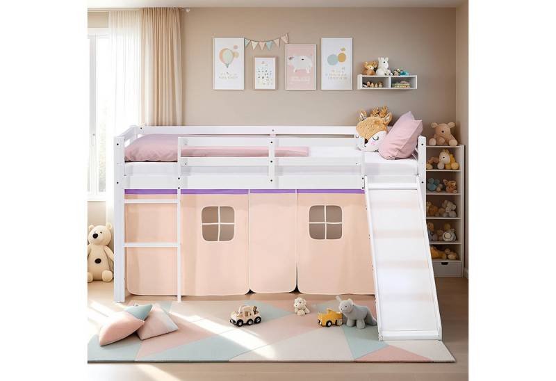Homestyle4u Hochbett 90x200 Stockbett Kinderbett Holz Kiefer Weiß Lila Beige Kinder Vorhang (Set, mit Lattenrost und Rutsche, Spielbett) mit Rausfallschutz, Mädchen von Homestyle4u