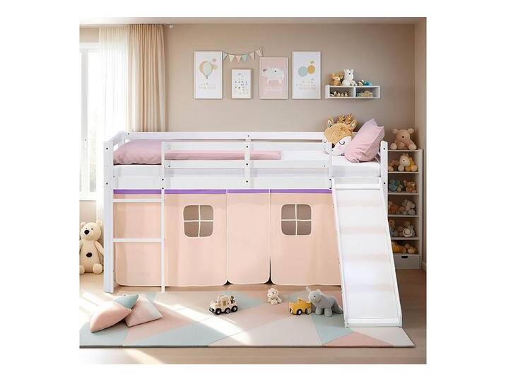 Homestyle4u Hochbett 90x200 Stockbett Kinderbett Holz Kiefer Weiß Lila Beige Kinder Vorhang (Set, mit Lattenrost und Rutsche, Spielbett) mit Rausfallschutz, Mädchen, weiß, mit Rutsche, mit Lattenrost von Homestyle4u