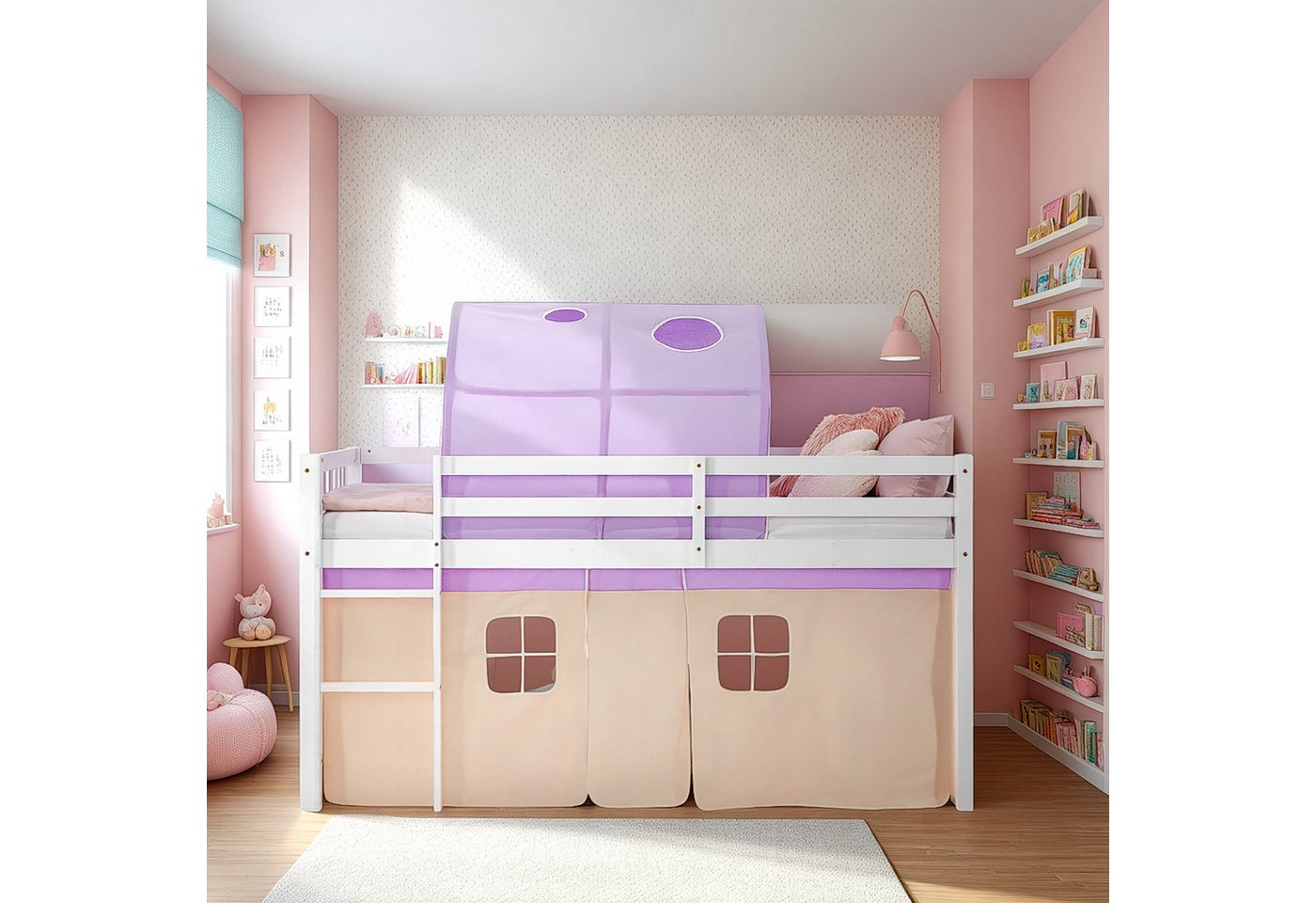 Homestyle4u Hochbett 90x200 Stockbett Kinderbett Holz Kiefer Weiß Lila Beige Kinder Vorhang (Set, mit Tunnel) mit Rausfallschutz, Mädchen von Homestyle4u