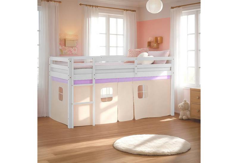 Homestyle4u Hochbett 90x200 Stockbett Kinderbett Holz Kiefer Weiß Lila Beige Kinder Vorhang (Set, mit Vorhang in Peach Holz Massiv) mit Rausfallschutz, Mädchen von Homestyle4u