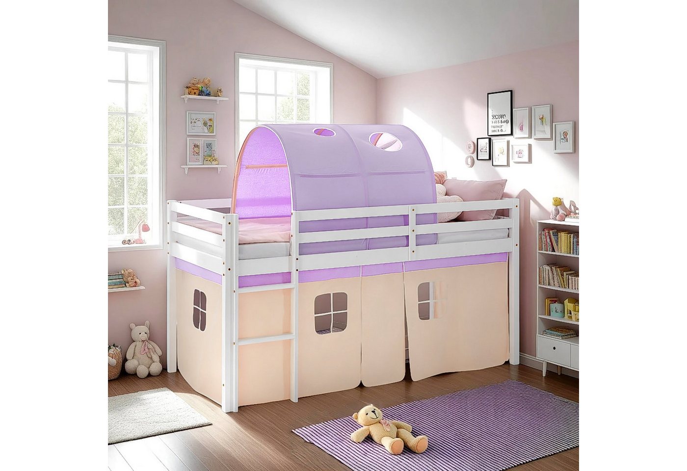 Homestyle4u Hochbett 90x200 Stockbett Kinderbett Holz Kiefer Weiß Lila Beige Kinder Vorhang (Set, mit Vorhang in Peach Holz Massiv, mit Lattenrost, Matratze und Tunnel) mit Rausfallschutz, Mädchen von Homestyle4u