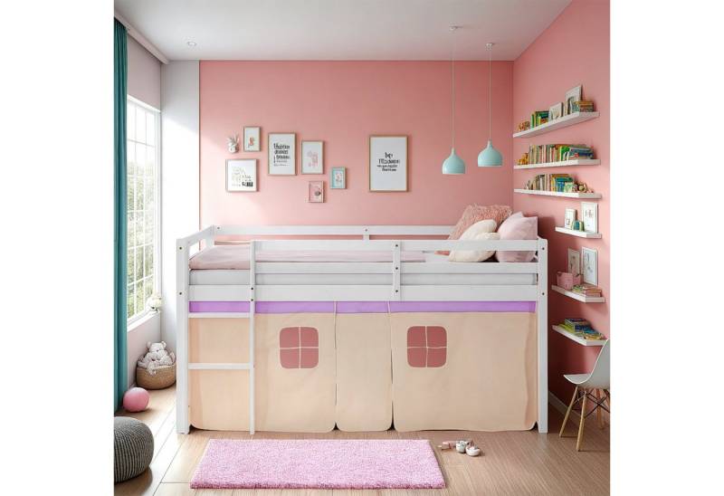 Homestyle4u Hochbett 90x200 Stockbett Kinderbett Holz Kiefer Weiß Lila Beige Kinder Vorhang (Komplett-Set mit Lattenrost, Holz Massiv, Matratze mit OEKO-TEX® Standard 100) mit Rausfallschutz, Mädchen, mit Vorhang in Peach von Homestyle4u