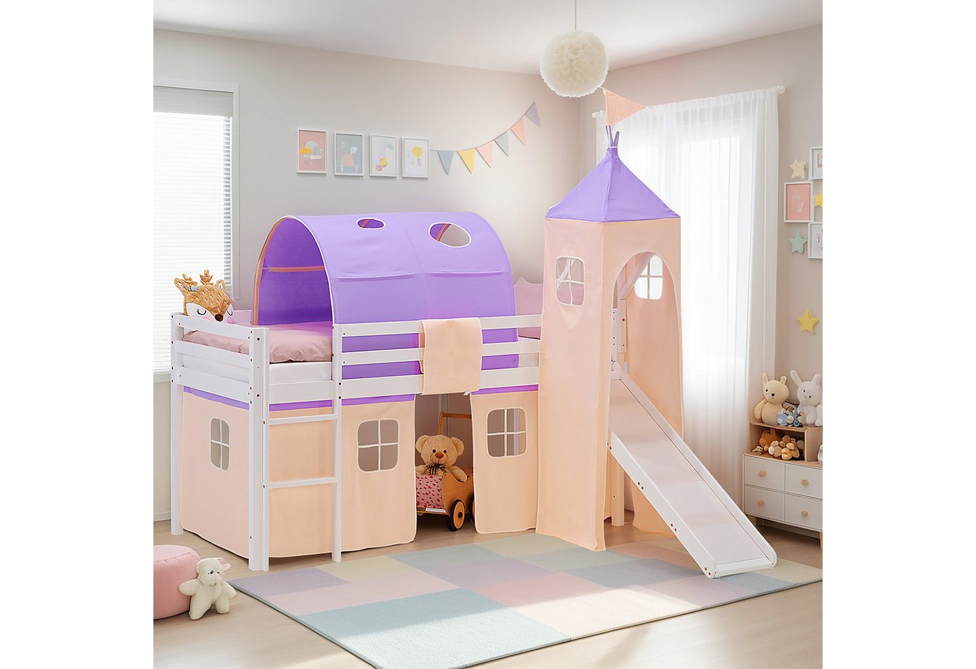 Homestyle4u Hochbett 90x200 Stockbett Kinderbett Holz Kiefer Weiß Lila Beige Kinder Vorhang (Set, mit Lattenrost, mit Matratze, Rutsche, Tunnel und Turm) mit Rausfallschutz, Mädchen von Homestyle4u