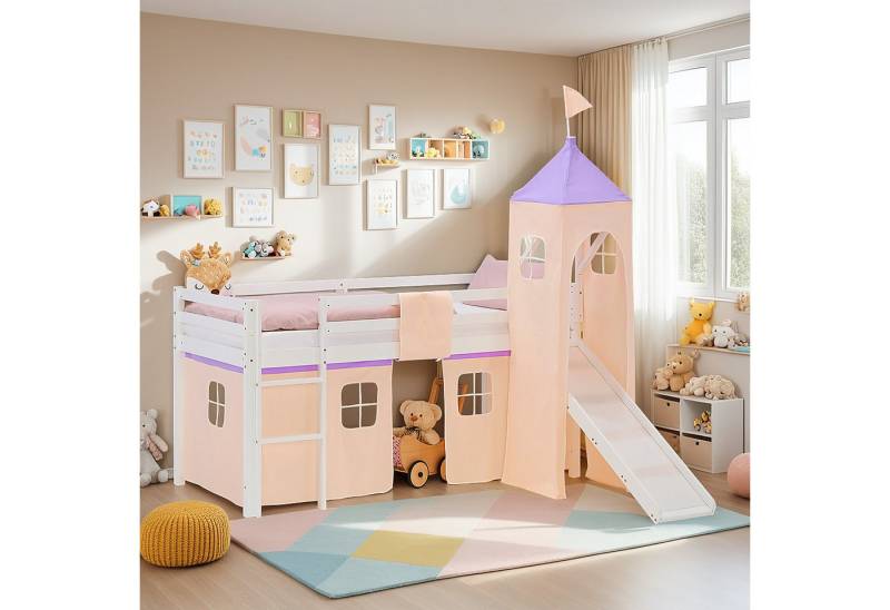 Homestyle4u Hochbett 90x200 Stockbett Kinderbett Holz Kiefer Weiß Lila Beige Kinder Vorhang (mit Rutsche und Turm, Spielbett) mit Rausfallschutz, Mädchen von Homestyle4u
